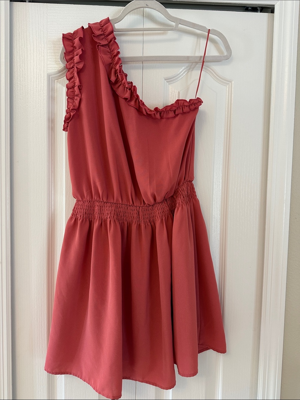 Junior One-Shoulder Ruffle Dress in Coral